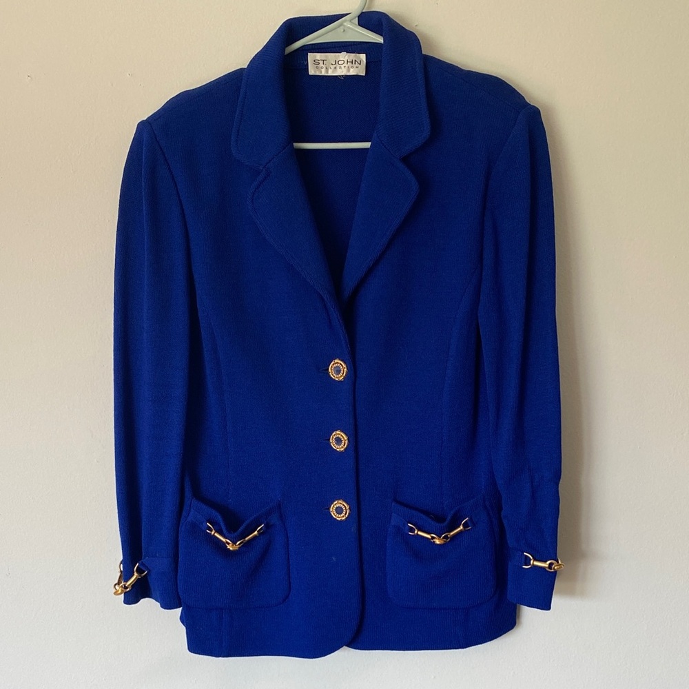 St John royal blue blazer woven knit sweater jacket nautical equestrian gold